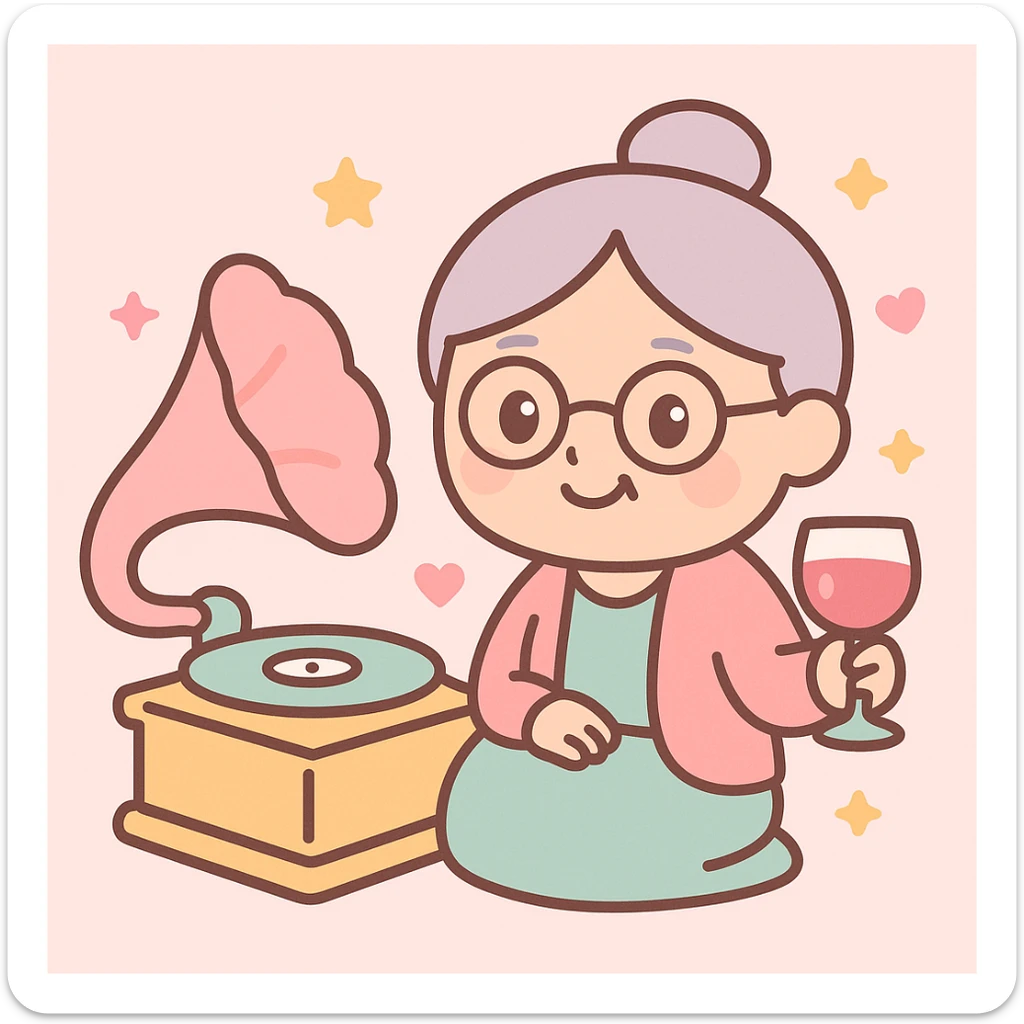 old lady with wineglass listening to gramophone sticker