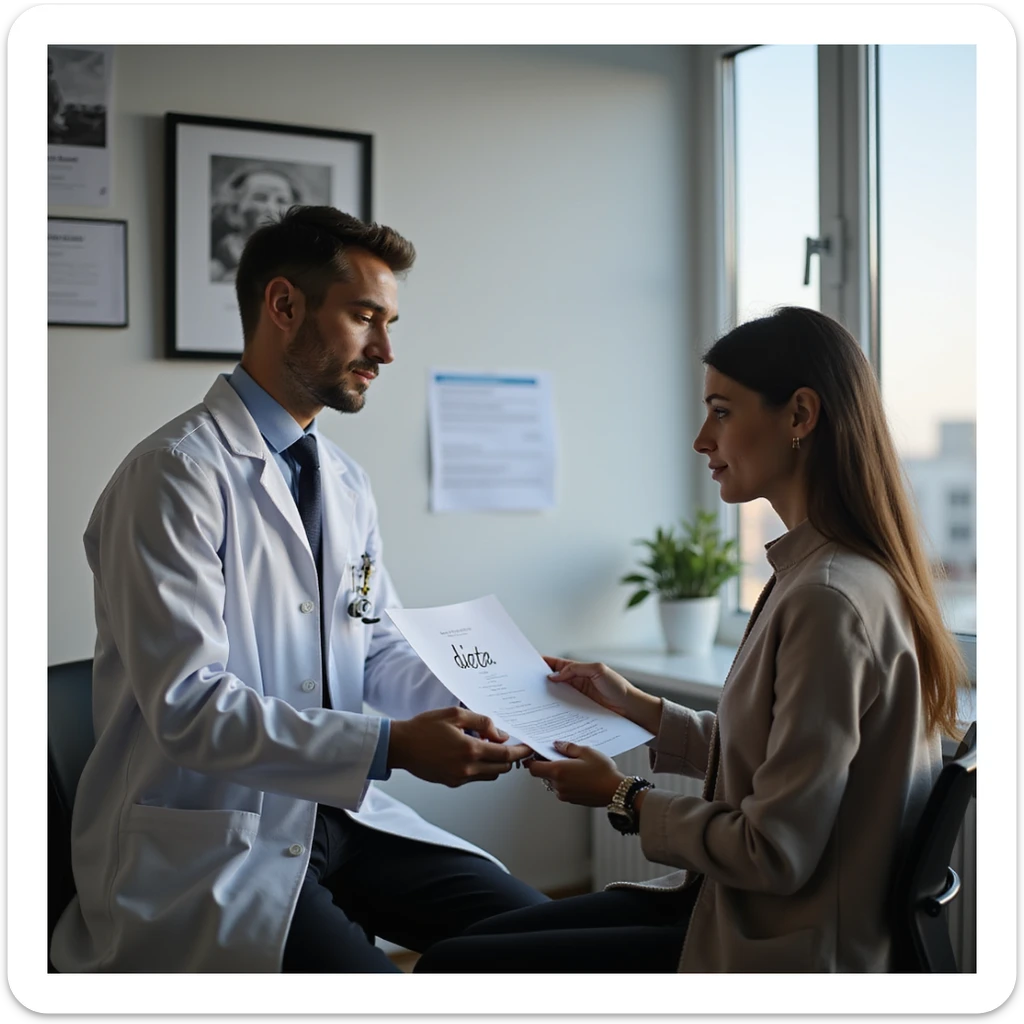 hyperrealistic scene in 4K of a male nutritionist wearing a white coat handing a sheet with the word 'dieta' to a seated female patient in his medical office sticker