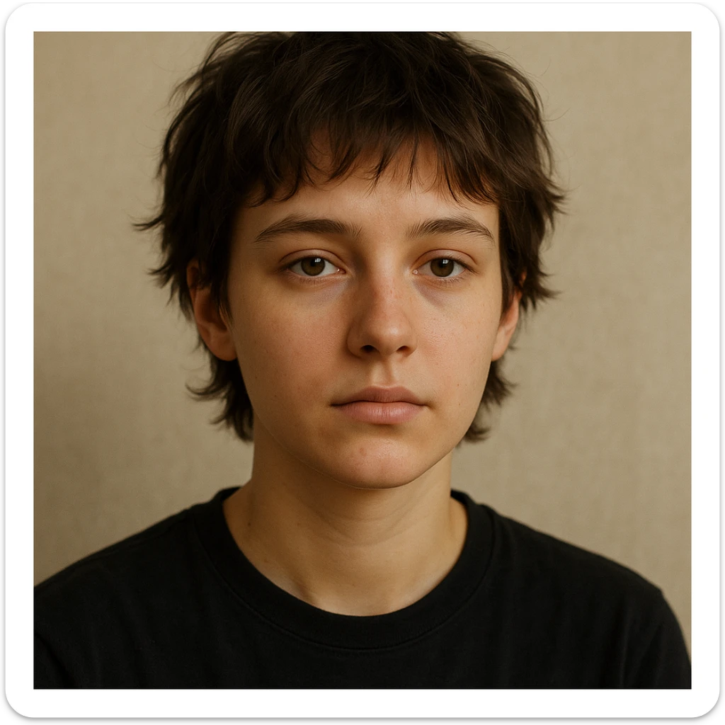 realistic portrait of a young person with short tousled brown hair, light skin, neutral expression, inspired by the reference image sticker