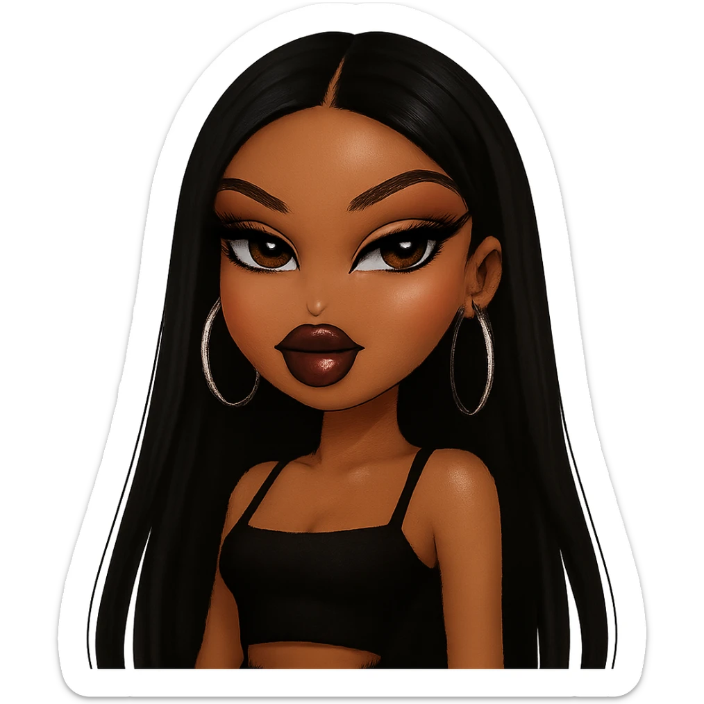 pretty Bratz baddie with black straight hair, brown skin, pretty makeup, dark brown eyes sticker