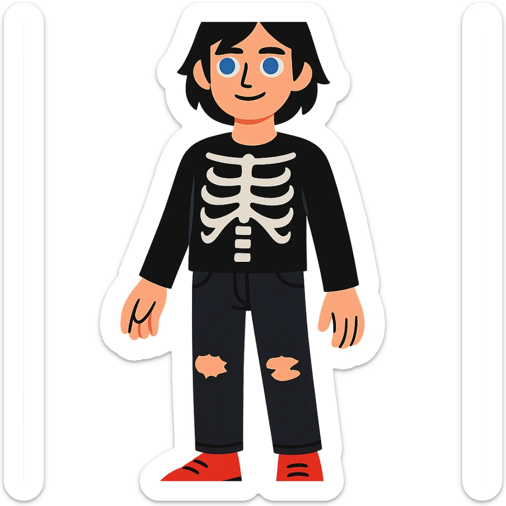black-haired, blue-eyed person wearing a black skeleton top and ripped black jeans sticker