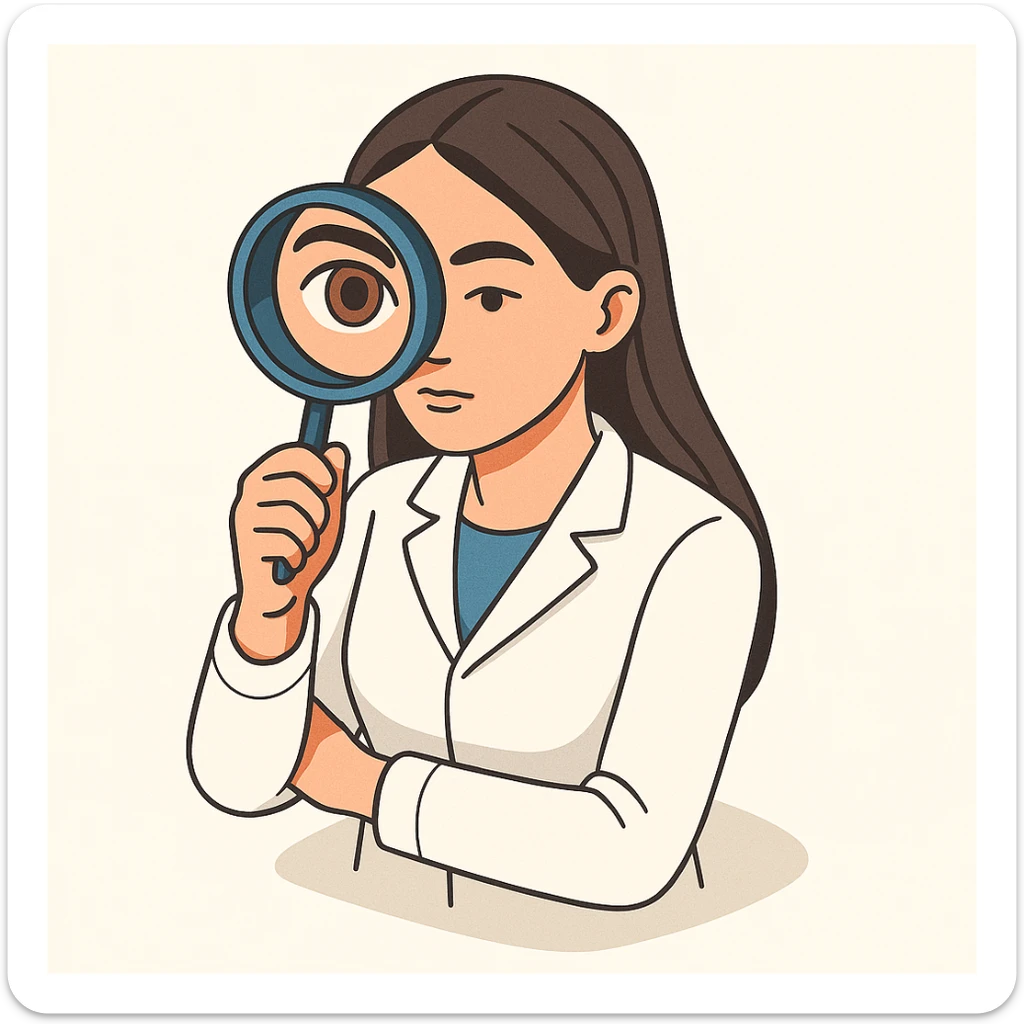 Front view of a female doctor with dark long straight hair and detailed brown eyes (not just dots), wearing a white coat, in 2D isometric style with a minimalist background. She is looking straight into the camera through a magnifying glass, with one eye enlarged and distorted like a fisheye lens. Appearance matches the reference. sticker