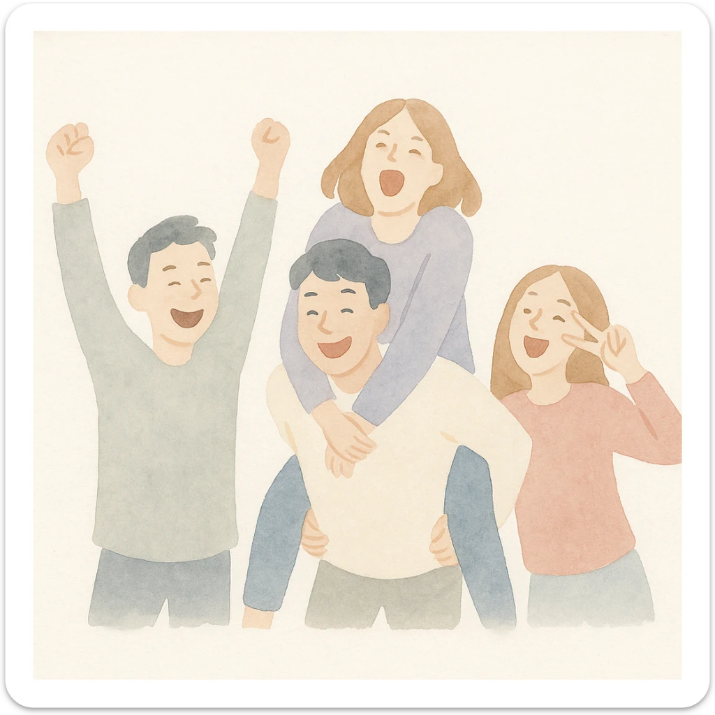 grupo de personas haciendo locuras, estilo acuarela sticker