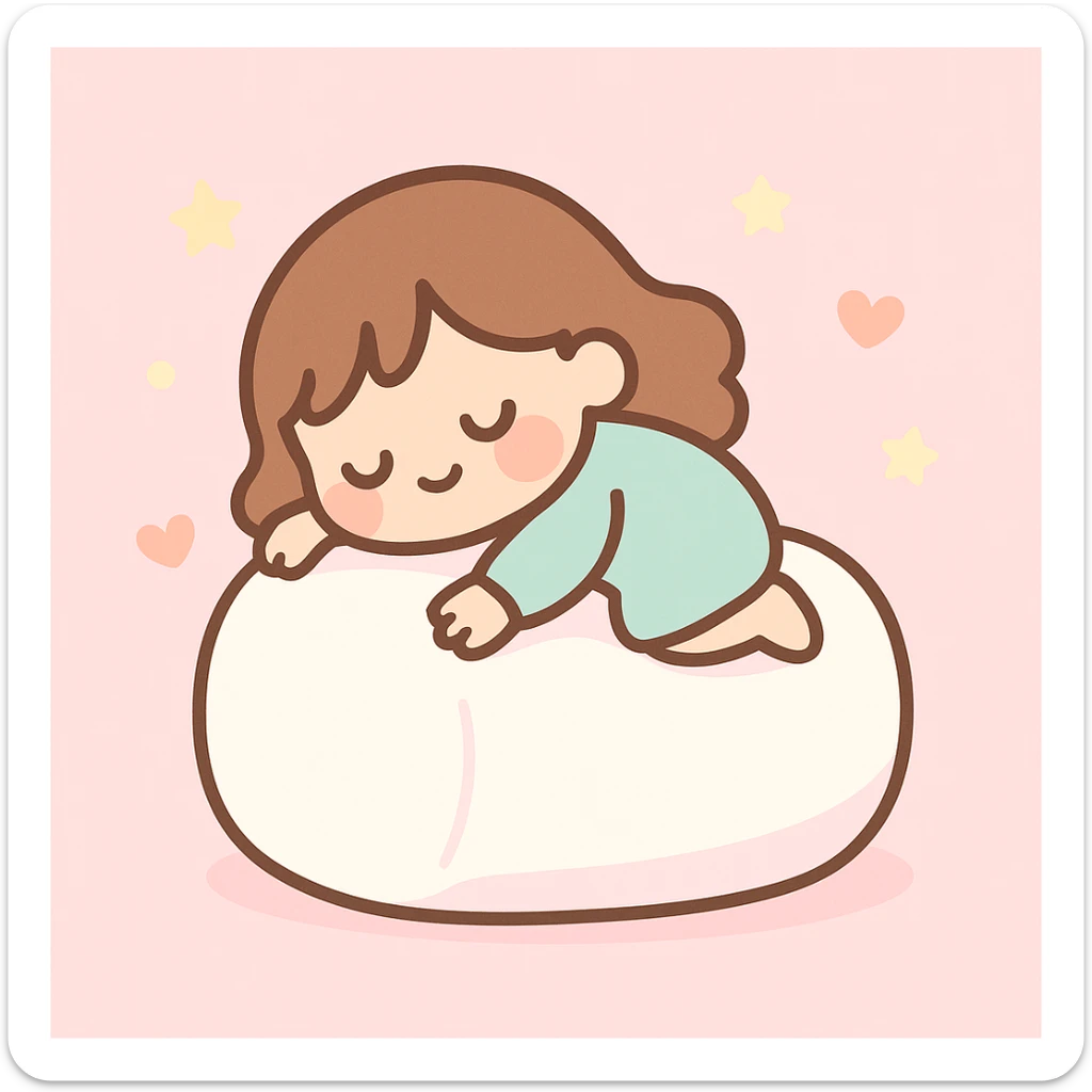 brunette girls sleeping on a giant marshmallow, dreamy, soft, pastel colors, cute illustration, gentle and whimsical style sticker