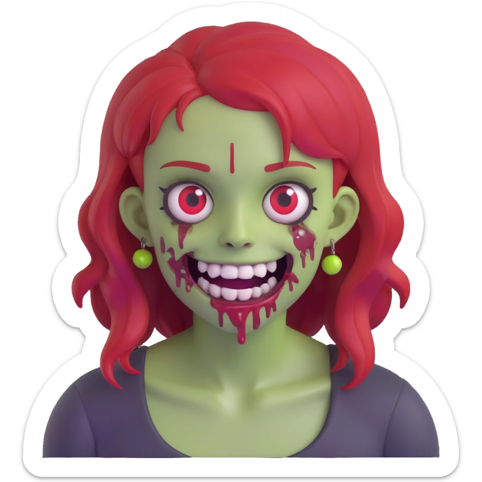 zombie girl with red hair, braces, and nose piercings, 3D emoji style sticker