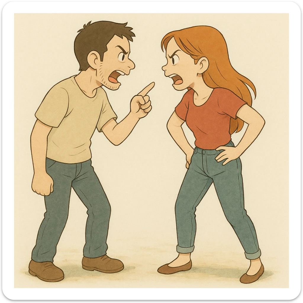 this image in ghibli style, showing the full bodies of the man and woman arguing sticker