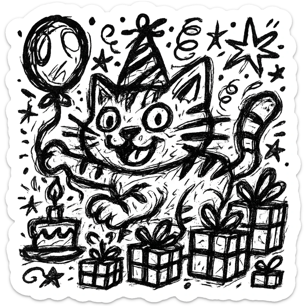 Add more gifts around the kitten, keeping the chaotic outlined style and all original elements intact sticker