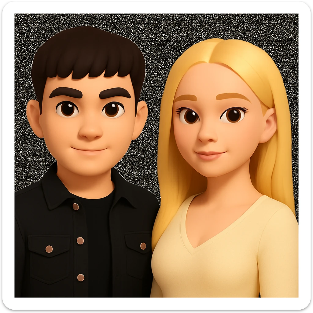 Slightly increase the volume of the upper body of the girl, separate the girl and the boy from each other, make the skin color the same for both characters, while preserving the cartoonish 3D style as in the reference image. sticker