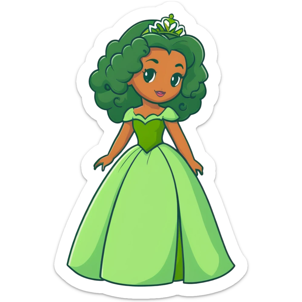 Disney Princess Tiana with extremely long black curly hair, green dress, 2c-3b curl pattern sticker