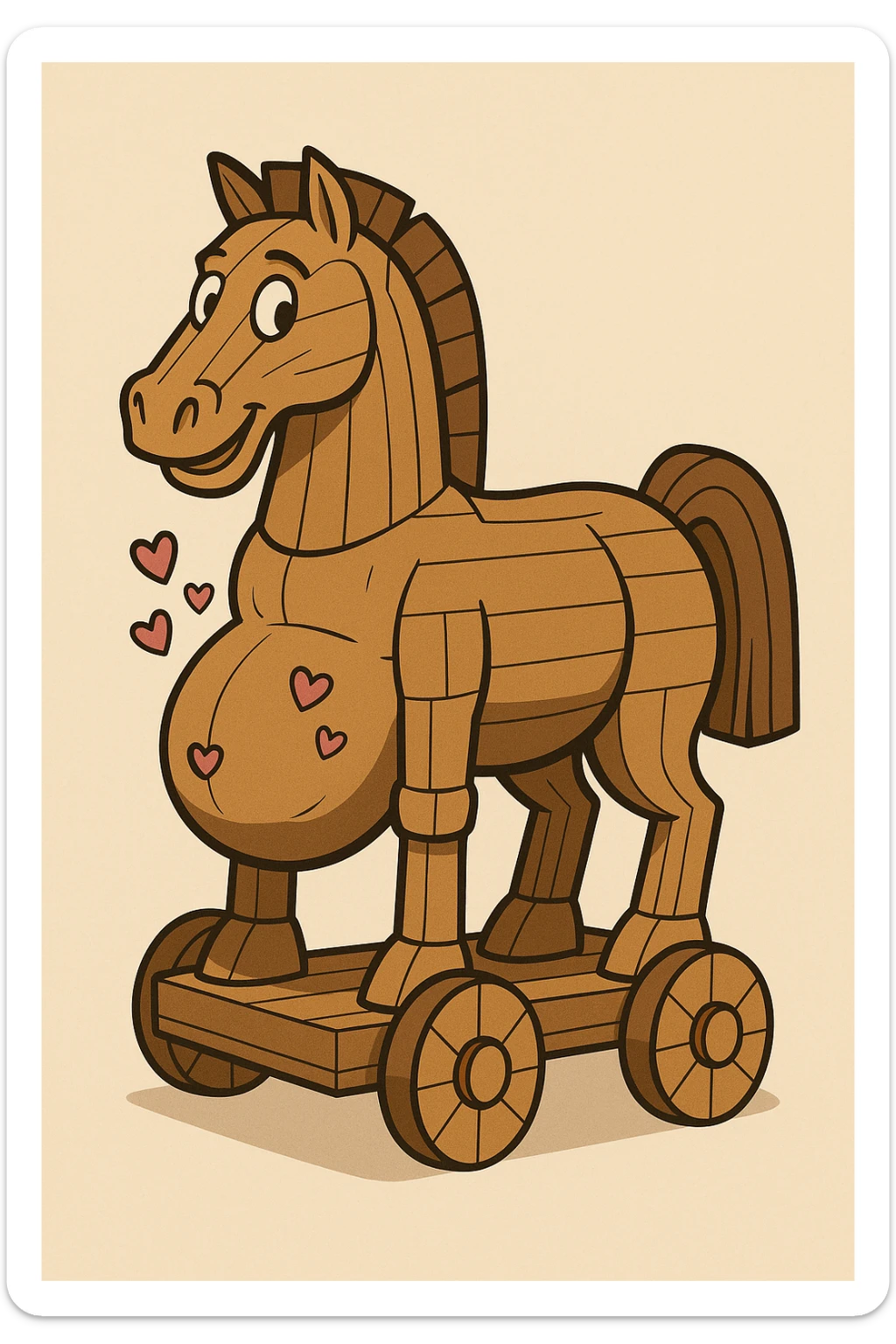 classic wooden trojan horse, pregnant with visible baby belly and small hearts, friendly style sticker