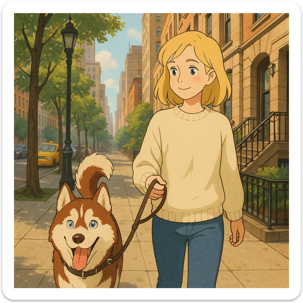 Cute Blonde woman wearing a sweater walking a happy red-brown blue-eyed Siberian husky in New York City on an upper east side city sidewalk  sticker