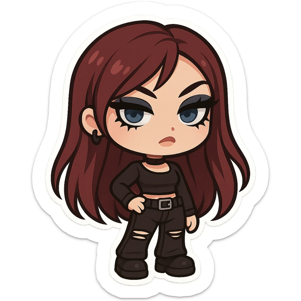 emo alternative girl with burgundy long hair, pale skin, blue eyes, pretty bratz baddie look, strong black eyeliner and lashes, stylish and bold sticker