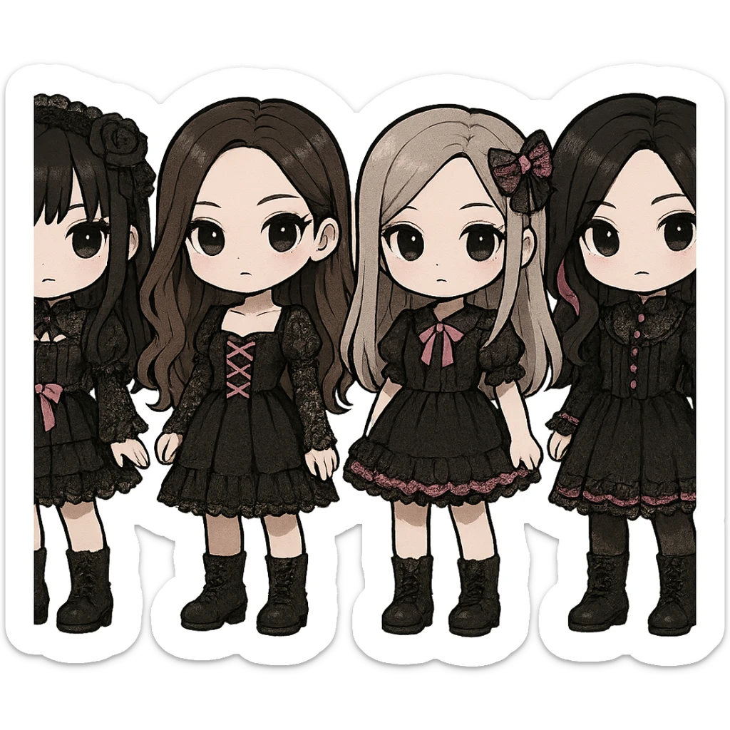 Gothic chibi versions of Blackpink, cute but dark, black lace, pink accents, chibi style, adorable yet gothic sticker