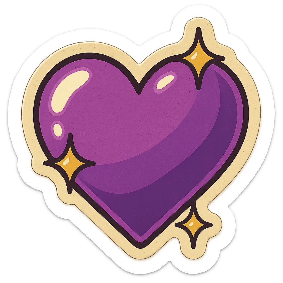 retro sticker of a purple heart with sparkles, bold outlines, vintage sticker style sticker