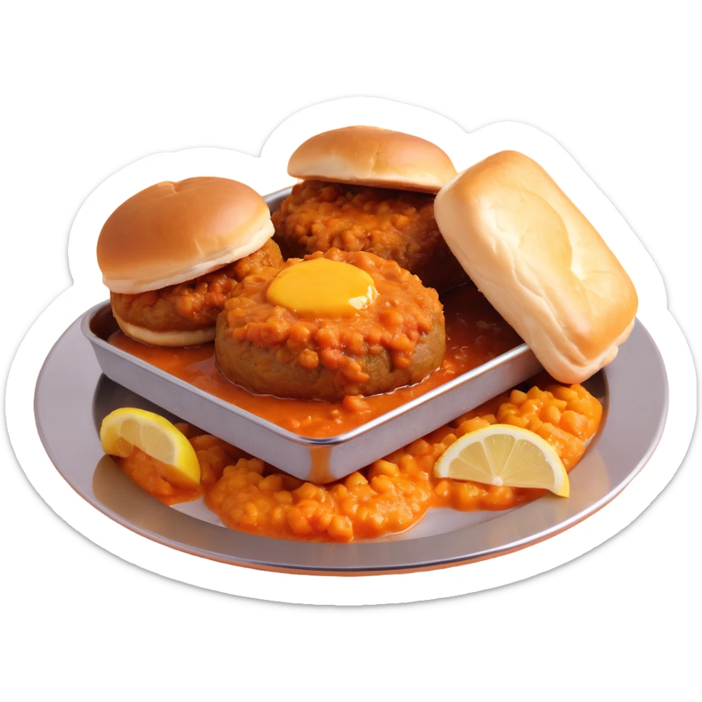 3D illustration of pav bhaji on shiny stainless steel plate with thick orange-red bhaji topped with a cube of melting butter, two fluffy buttered pav buns, chopped onions, lemon wedge, bright vibrant colors, soft shadows, isometric or slightly top-down view, plain warm-toned background sticker