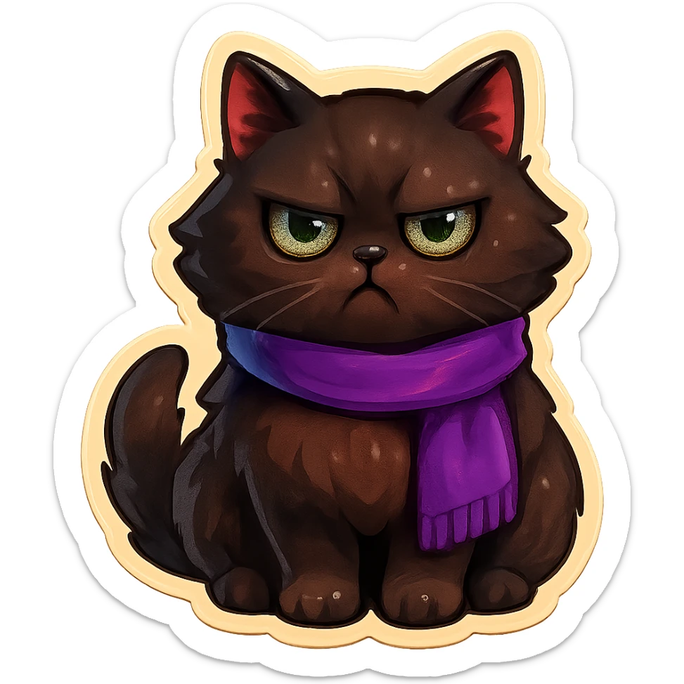 Fluffy grumpy cute dark-brown cat with green eyes and a purple scarf sticker