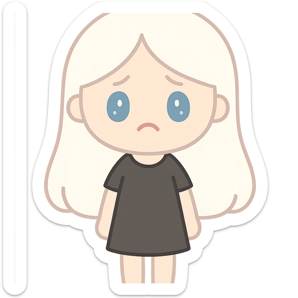 A girl with long white hair, blue eyes, sad and tired, wearing a black dress. sticker