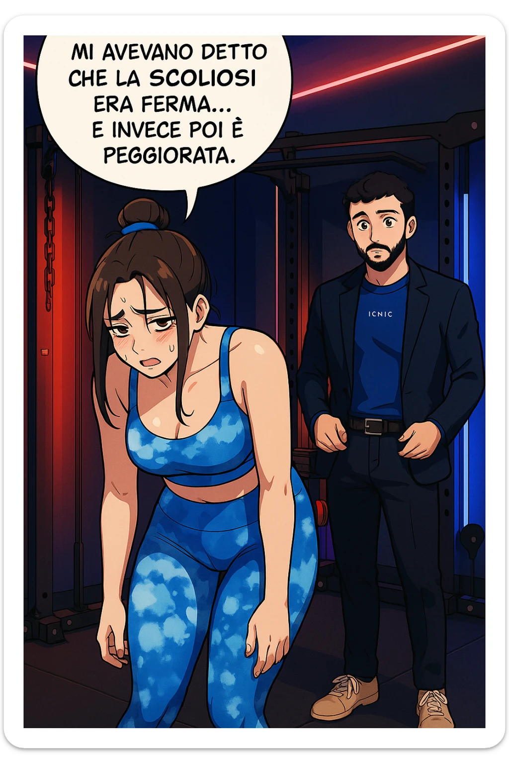 fai questa immagine in versione fumetto/manga/webtoon a colori, il manga mostra la donna disperata con un fumetto sulla testa che dice:
Mi avevano detto che la scoliosi era ferma… e invece poi è peggiorata.
 sticker