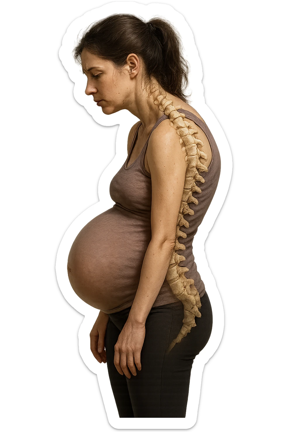 donna in gravidanza di profilo con spina dorsale in evidenza, postura storta, spalle chiuse in avanti, iperrealistica 4k sticker