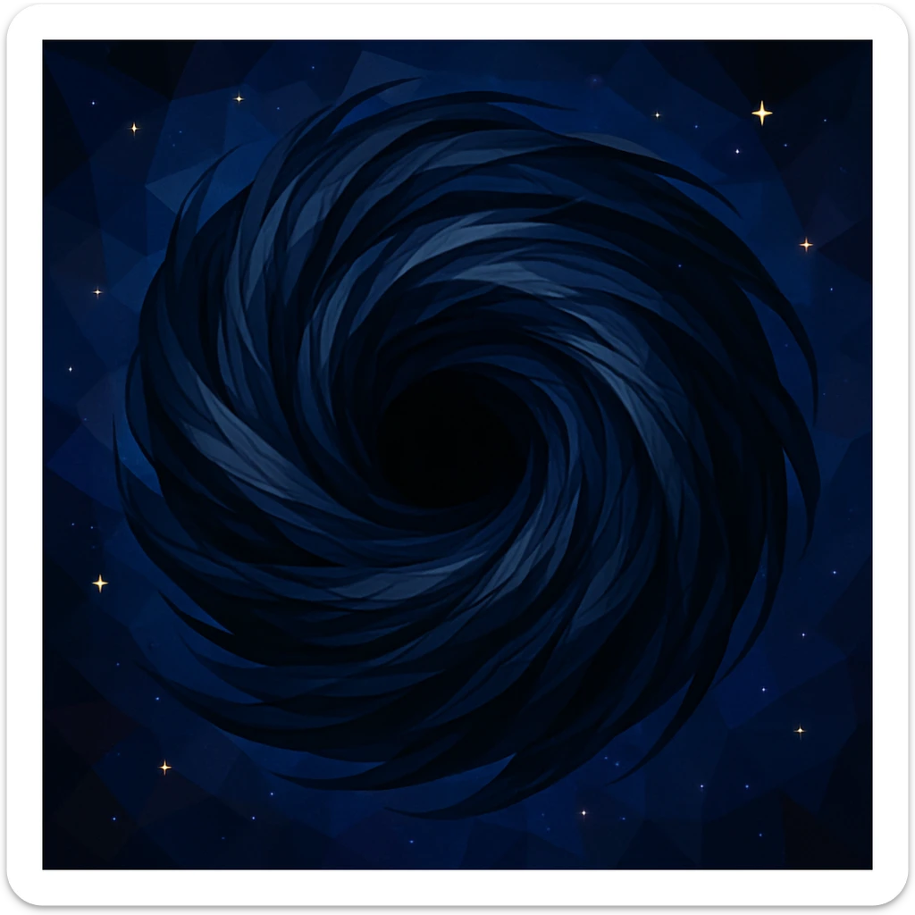 a black hole made of swirling hair, cosmic and mysterious, with strands forming a spiral, low-poly polygonal illustration style, cosmic and mysterious sticker