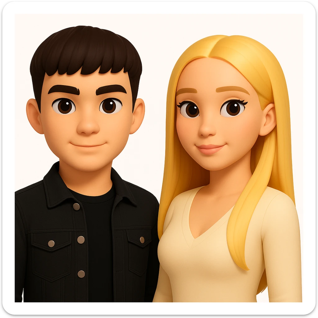 Slightly increase the volume of the upper body of the girl, separate the girl and the boy from each other, make the skin color the same for both characters, keep the cartoon style, white background. sticker