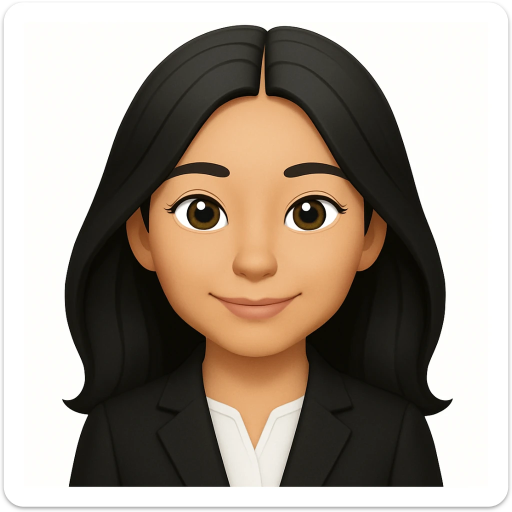 Change the girl's outfit to a more professional look suitable for a marketing coordinator, such as a blazer or smart blouse, keeping the olive brown complexion, long black hair, brown eyes, and closed-mouth smile in emoji style sticker