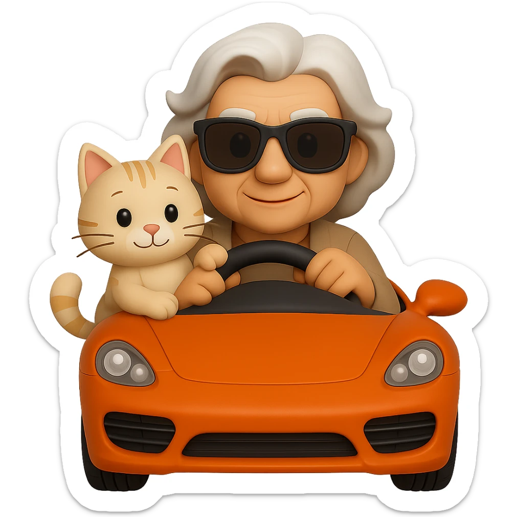 Edit the old lady emoji character in the orange sports car to be holding one cat, in a 3D emoji style that is realistic, wearing sunglasses, with no background. Maintain the orange sports car and overall composition but update the character as described. sticker