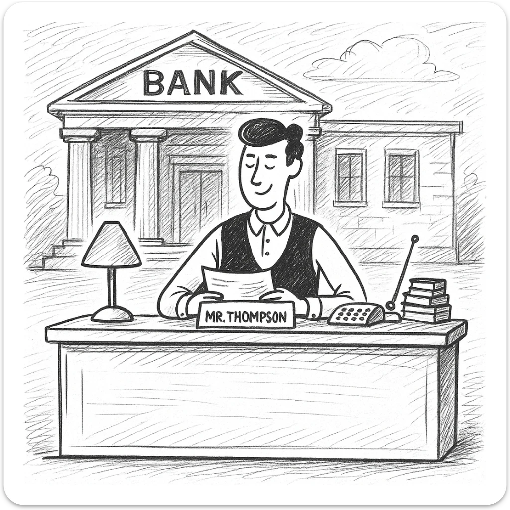Add a bank building background to the bank manager in a doodle style, hand drawn and sketchy with simple lines and shading. sticker
