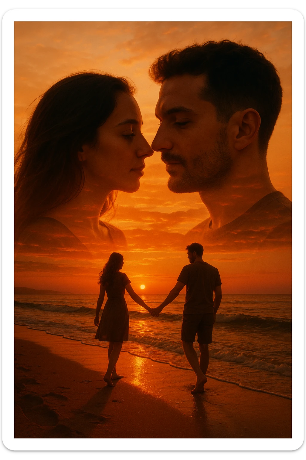 Una doppia esposizione cinematografica di noi di profilo, con un paesaggio di spiaggia al tramonto integrato nella silhouette.
La scena interna ci mostra entrambi camminare sulla sabbia bagnata, tenendoci per mano, con le onde del mare che si infrangono è facile e un cielo colorato dagli ultimi raggi di sole. Atmosfera calda e intima, toni dorati arancioni, dettagli fini ed espressivi, risoluzione 8K. sticker