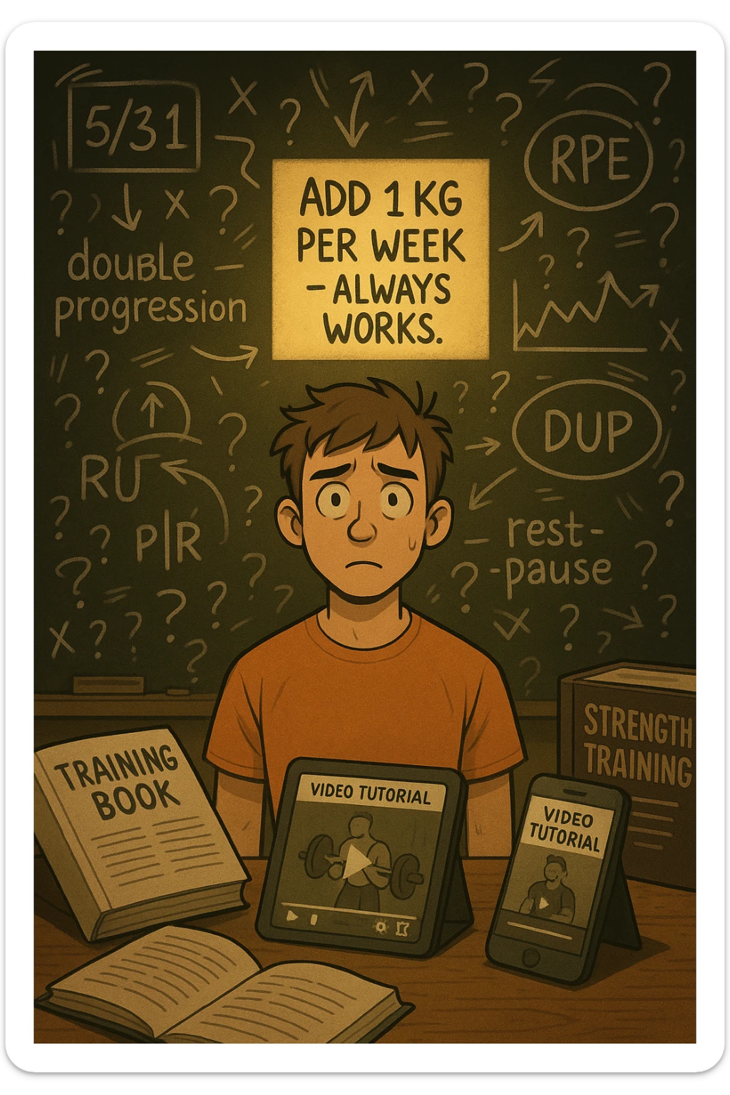 Giovane neofita in palestra, con uno sguardo perso davanti a una lavagna piena di metodi di progressione (5/3/1, RIR, RPE, double progression, DUP, rest-pause). È circondato da libri di allenamento e video tutorial su tablet e smartphone. Dietro di lui, un cartello piccolo ma chiaro: 'Aggiungi 1 kg a settimana – funziona sempre'. Atmosfera caotica intorno, ma luce calda sul messaggio semplice sticker