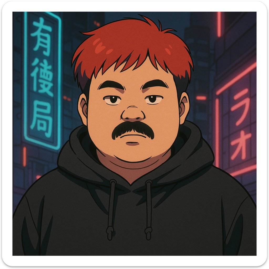 Asian man with a round face, black mustache, red hair, black hoodie, 90s Japanese anime style, soft shading, cyberpunk vibe sticker