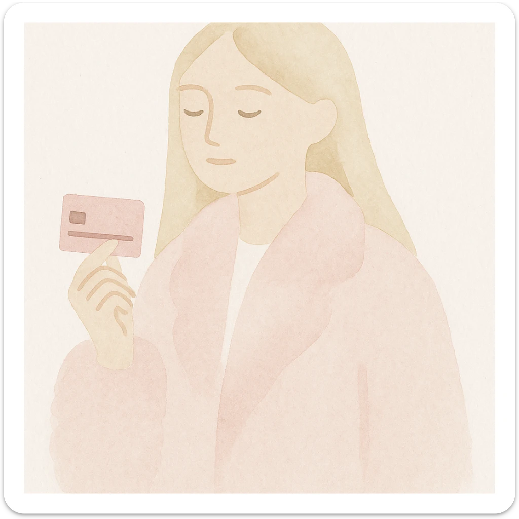 blonde girl with long hair, pink fur coat, holding a pink credit card, watercolor art style sticker
