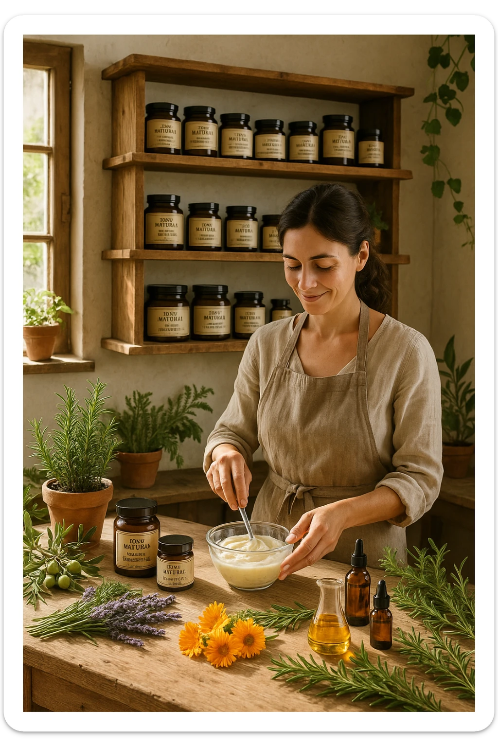 A realistic, high-quality photo of a small artisan skincare laboratory in Italy, with wooden shelves displaying beautifully packaged glass jars of natural creams made with herbal and botanical extracts, olive oil, and essential oils, clearly labeled ‘100% Natural’ and ‘Artisan Made in Italy’. The scene includes a bright, sunlit rustic workspace with plants, fresh lavender, rosemary, calendula flowers, and olive branches on the wooden counter, symbolizing purity and nature. A female artisan in a linen apron is carefully mixing creams in a glass bowl, smiling softly. The environment feels warm, authentic, and eco-friendly, emphasizing the concept of handcrafted skincare without synthetic chemicals in italiano sticker