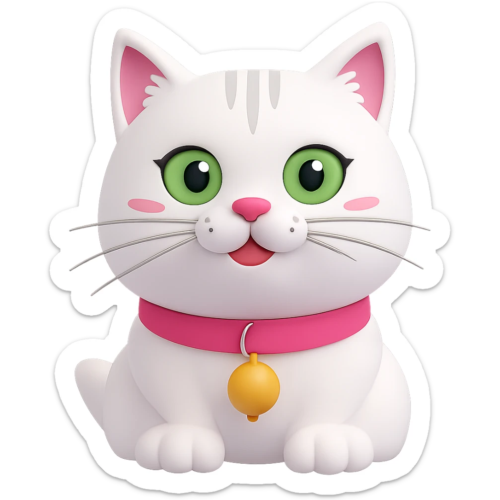 Edit the image of a white cat with a pink collar and a yellow bell on the collar. Change the cat's eyes to green. Remove the background so it is transparent. Maintain the style and details of the original image. sticker
