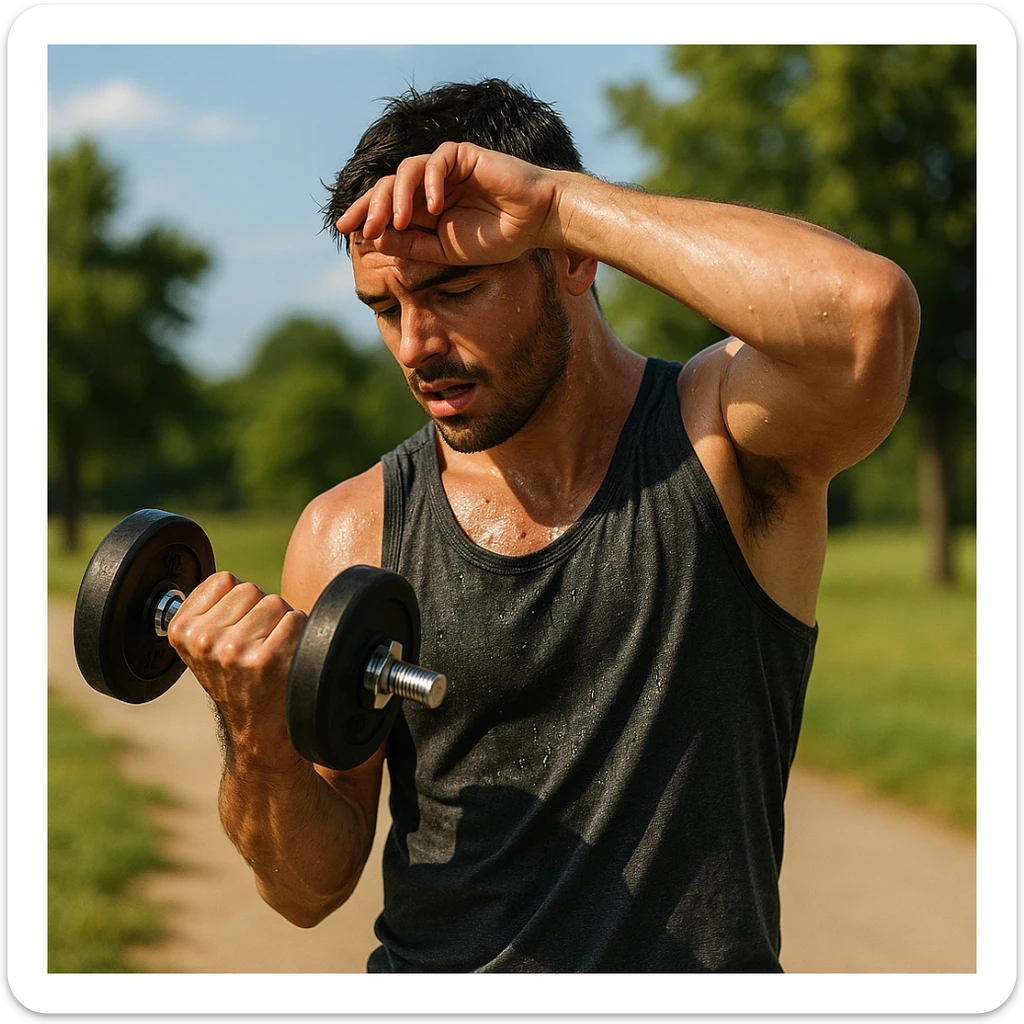 uomo fitness che si allena in estate, tutto sudato, con una mano fa un curl manubri mentre con l'altra mano si asciuga il sudore dalla fronte, espressione affaticata in volto sticker