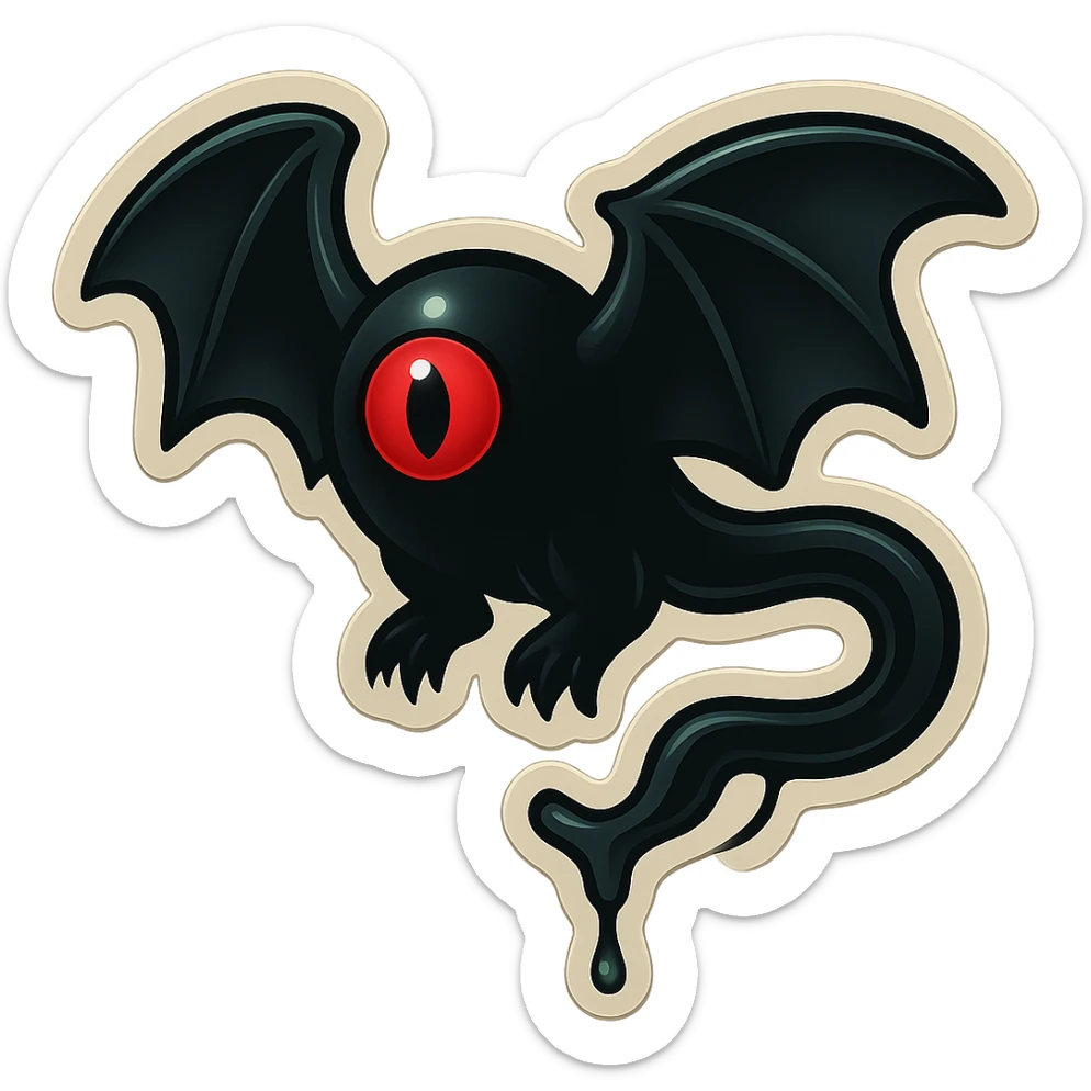 an all black reptilian bat-like creature. One cyclopian red eye in its face. no visible mouth or ears. 2 hind legs with claws. has a long tale with a stinger that drips green poison sticker