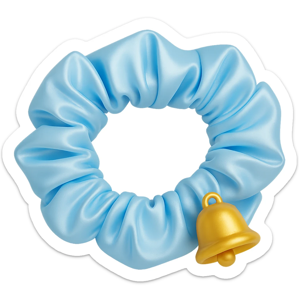Change the gold star charm to a small Christmas bell charm on the pastel blue silky scrunchie, keep the 3D emoji style and shimmer effect. sticker