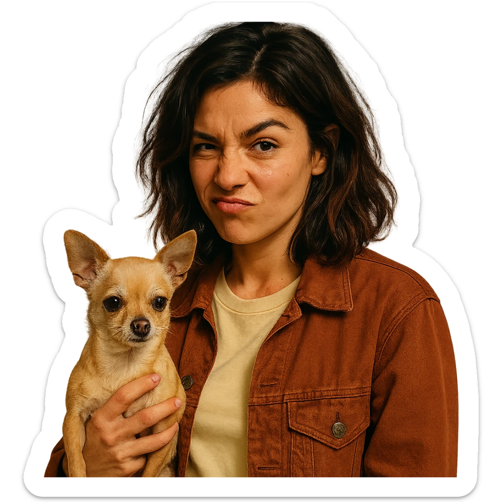 portrait of a woman with tanned skin, subtle freckles, wearing a pale yellow shirt (#FFF8CA) and rust-colored jacket, medium-length brown hair with auburn highlights, rebellious and playful expression, holding a beige-brown chihuahua, Netflix series style, transparent background sticker