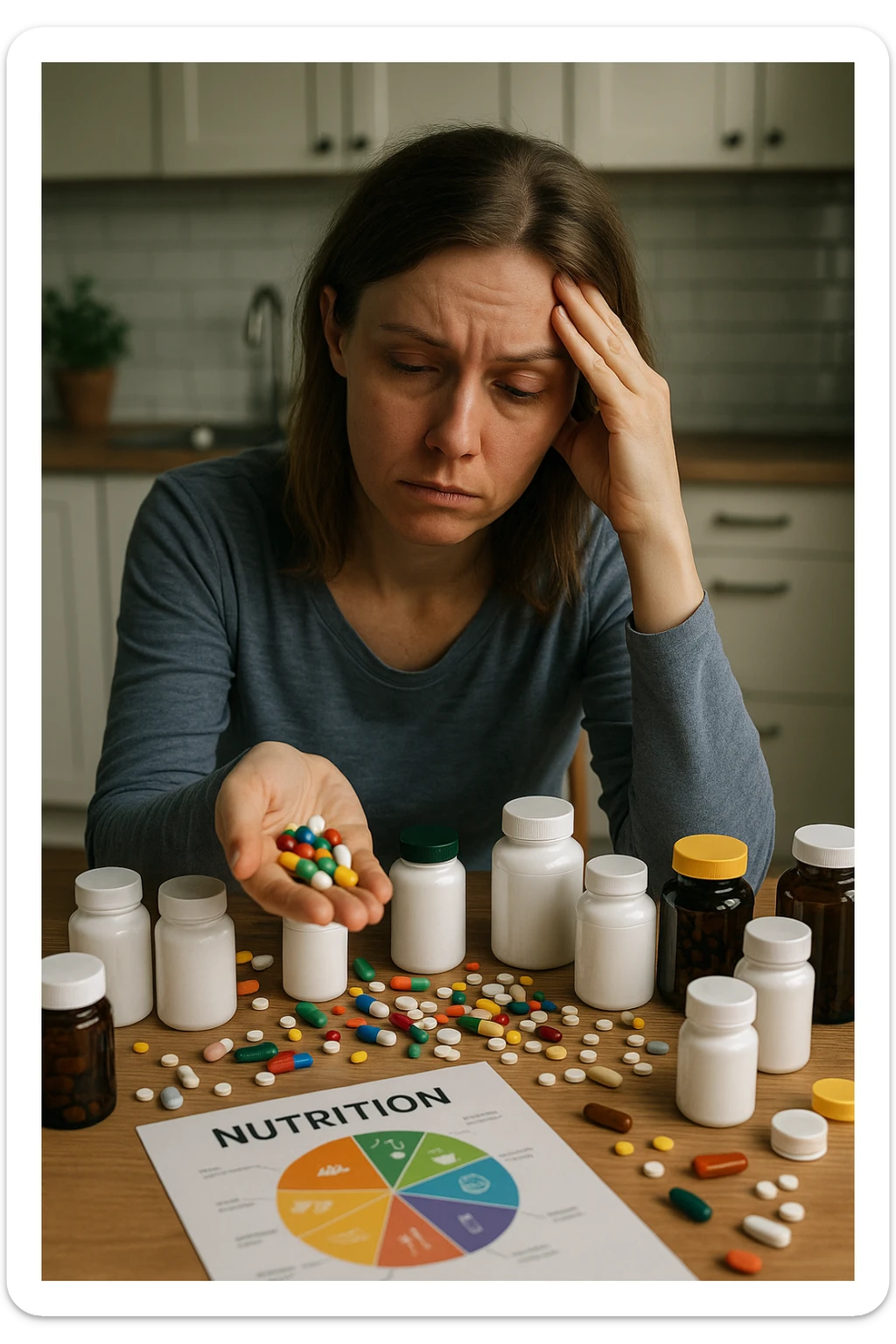 a woman in her 30s sits at her kitchen table, surrounded by dozens of supplement bottles, powders, and pills. She looks anxious and fatigued, with her head resting in one hand while the other holds a handful of colorful capsules. On the table, a nutrition chart is ignored, and her skin appears slightly dull or stressed. The mood is cautionary and educational. sticker