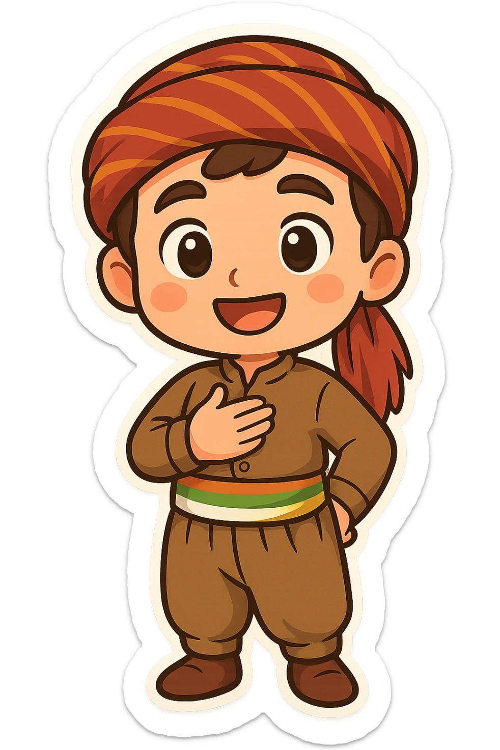 cartoon sticker of a Kurdish boy in traditional clothing, hand on chest (salute) pose, open smile, colorful and cheerful, no text, suitable for WhatsApp and Instagram sticker