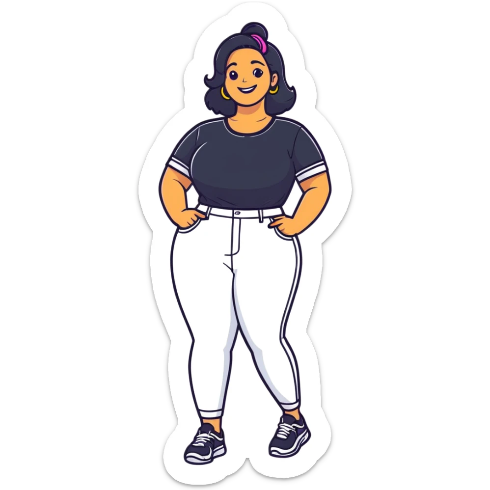 cartoon sticker of a smiling, curvy girl with hands on hips, bright outfit, energetic vibe sticker