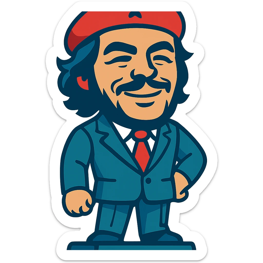 statuette of Che Guevara in a suit and tie, big head, confident smile sticker