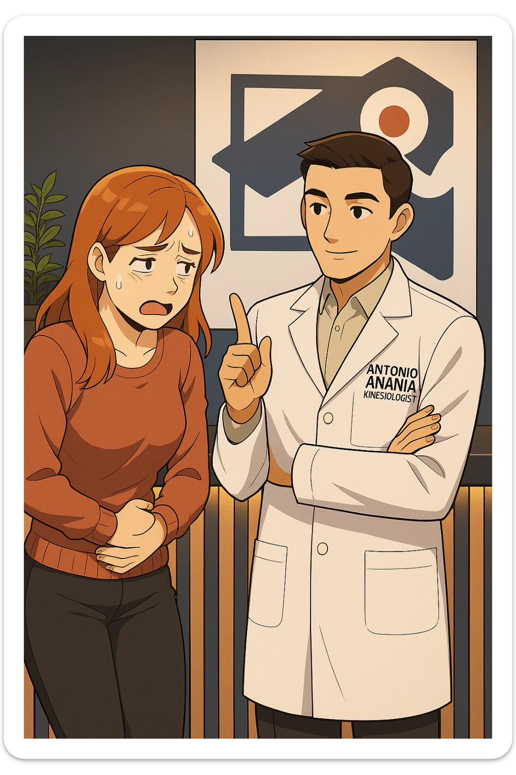 su questo stile fai un manga/webtoon a colori in cui una donna PREOCCUPATA FA UNA DOMANDA ALL'UOMO, l'uomo della foto in stile manga LE DICE DI "NO" CON IL DITO, mantieni un ambiente simile alla foto che ho allegato con il suo logo (sarebbe il suo studio, lui è un kinesiologo), scrivigli "ANTONIO ANANIA" sul camice bianco, non mettere fumetti, ma fai in modo che sembri che la donna CHIEDA ALLARMATA E L'UOMO LA TRANQUILLIZZI sticker