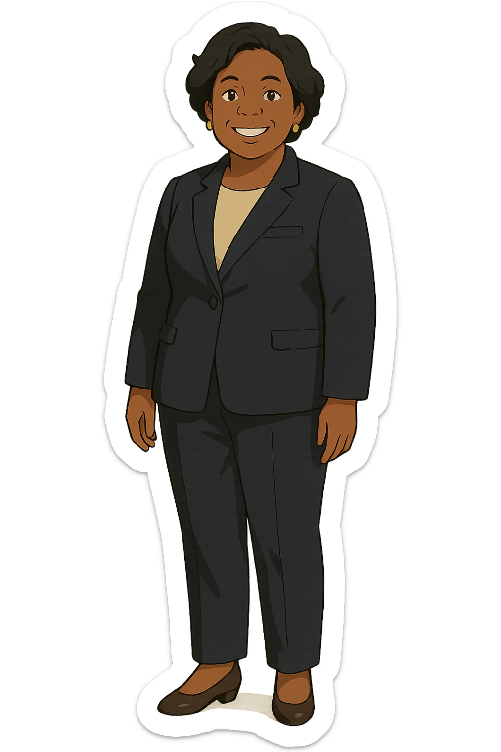 The full body of a modern day middle aged black female politician wearing a suite and smiling sticker