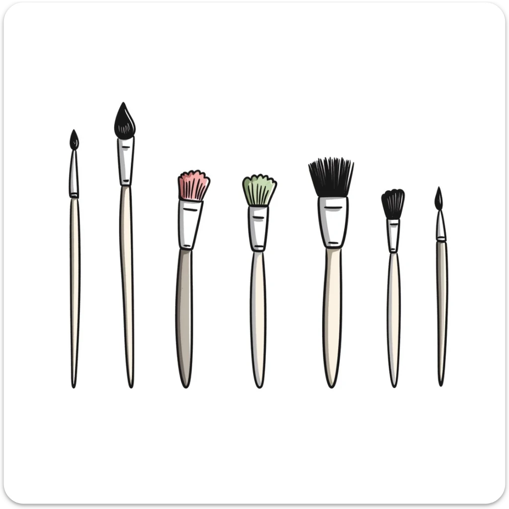 Set of artist paintbrushes in different sizes and shapes with wooden handles and colorful bristles. Using specific pastel colors (dd9fb0, ffc6d3, a3bfc9, c4bee2, f1b091). Hand-drawn doodle style with intricate details. Some brushes have paint on their tips. Transparent background. sticker