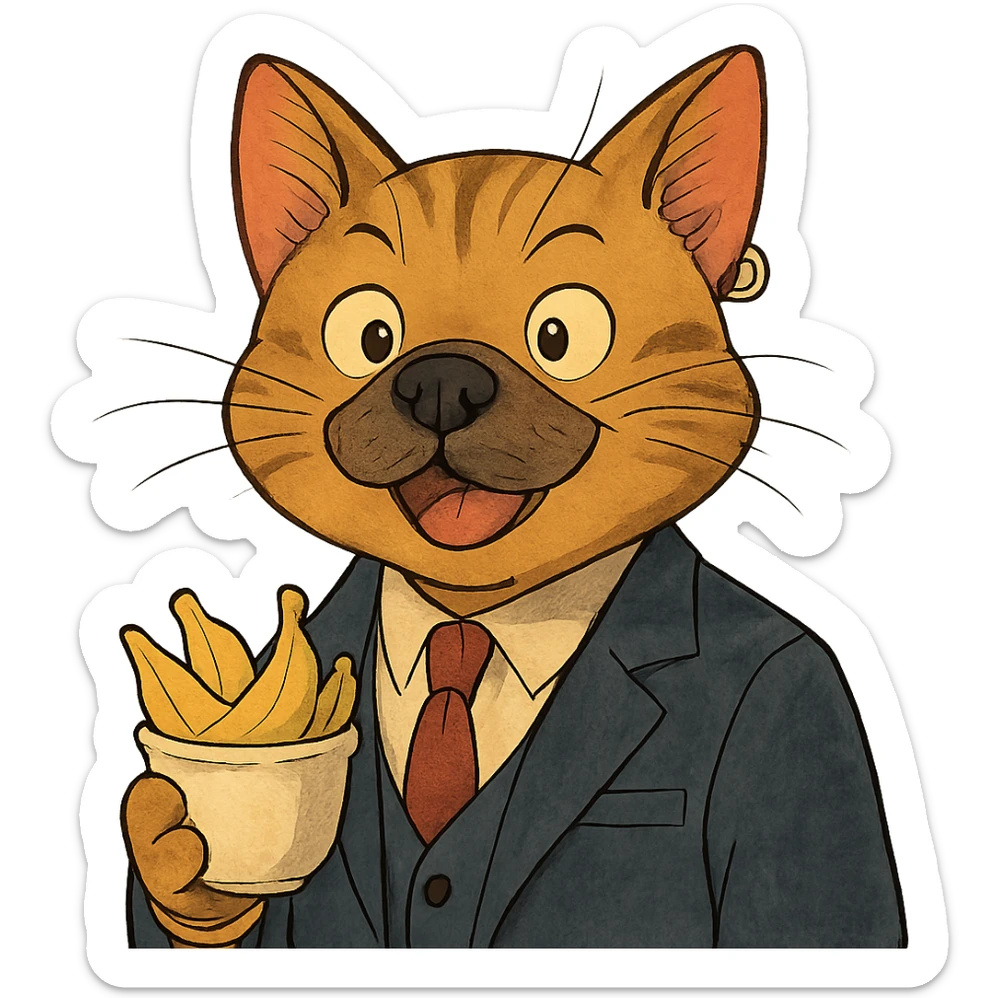 ghibli style cat with a dog nose, wearing a suit, earring, holding a cup of bananas, playful expression sticker