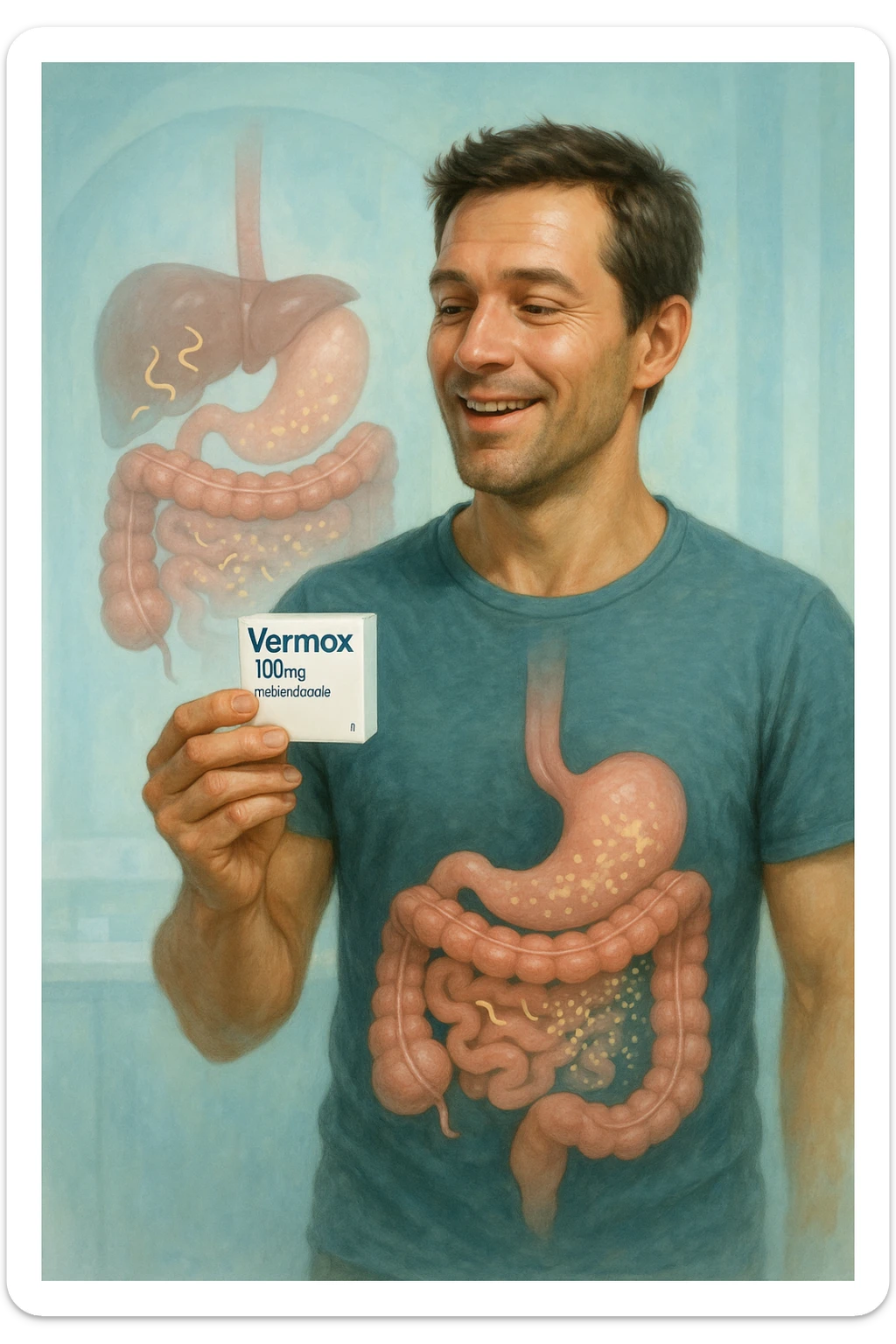 A realistic, cinematic illustration of a man in his late 30s holding a small white box of ‘Vermox’ (mebendazole) in one hand, with a relieved and hopeful expression on his face. Behind him, a semi-transparent overlay shows his digestive tract where small, symbolic worm-like parasites are dissolving and disappearing, indicating the medication’s effect. The environment is clean and bright, with a medical yet hopeful tone, conveying the concept of effective parasite removal. Subtle blue and green tones symbolize cleansing and health restoration, while the man appears energized and ready to reclaim his well-being sticker
