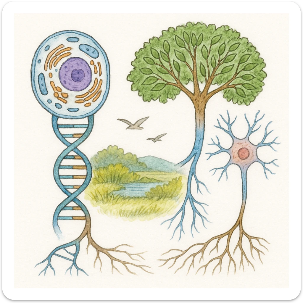 A realistic biological illustration (like in a school book) showing: DNA strands transitioning into a tree, cells with visible organelles, neurons connected to plant roots  and a balanced ecosystem background . Seamless integration, no labels or borders, white background, detailed but minimalist.  sticker