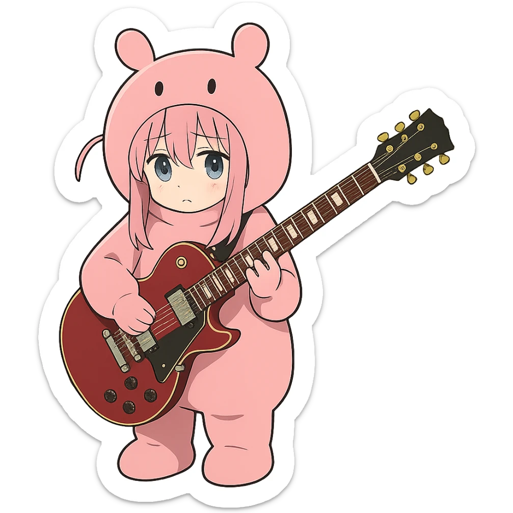 Bocchi the Rock character in a pink costume holding a guitar, anime style sticker