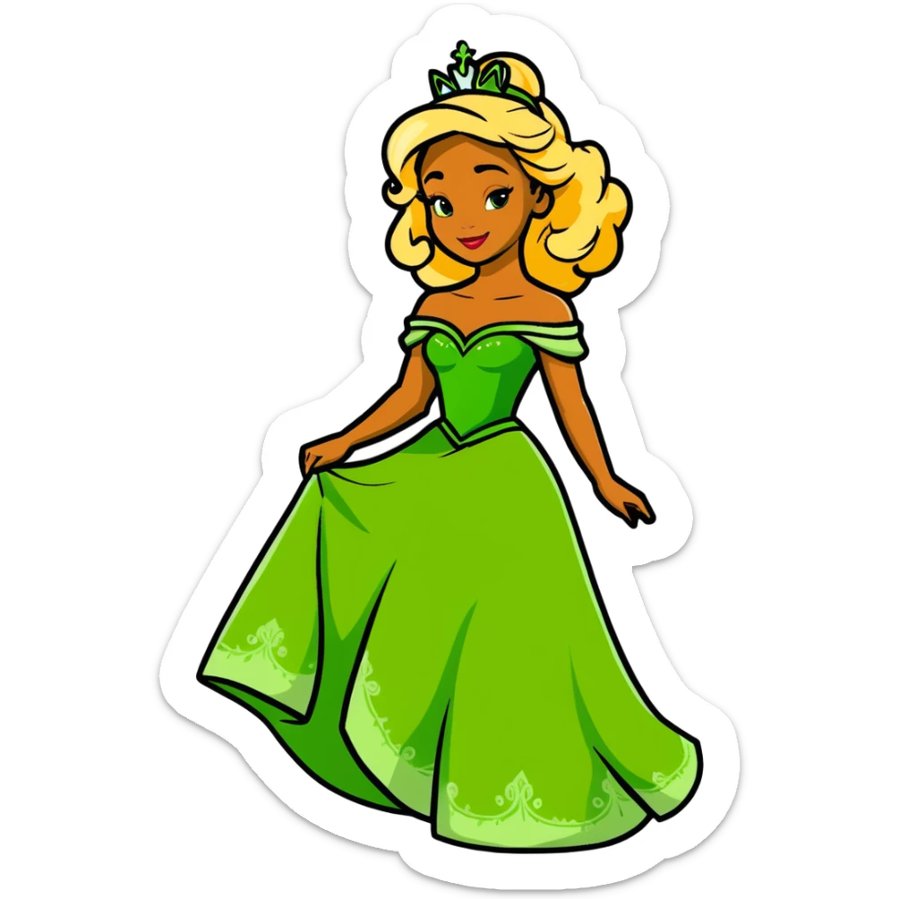 Disney Princess Tiana with super long blonde curly hair, green princess dress sticker